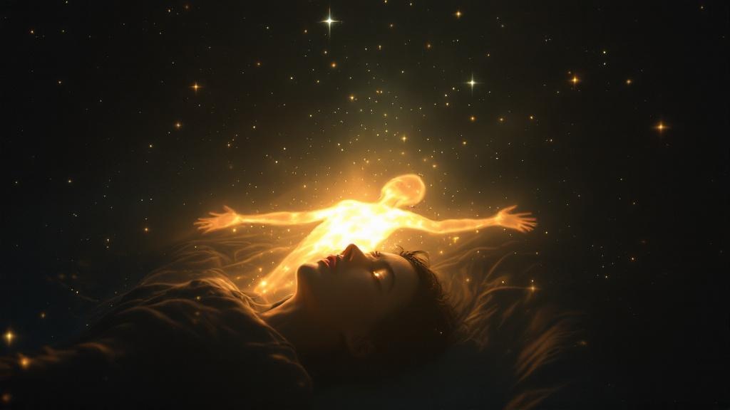 Luminous figure rising from a sleeping body — astral projection